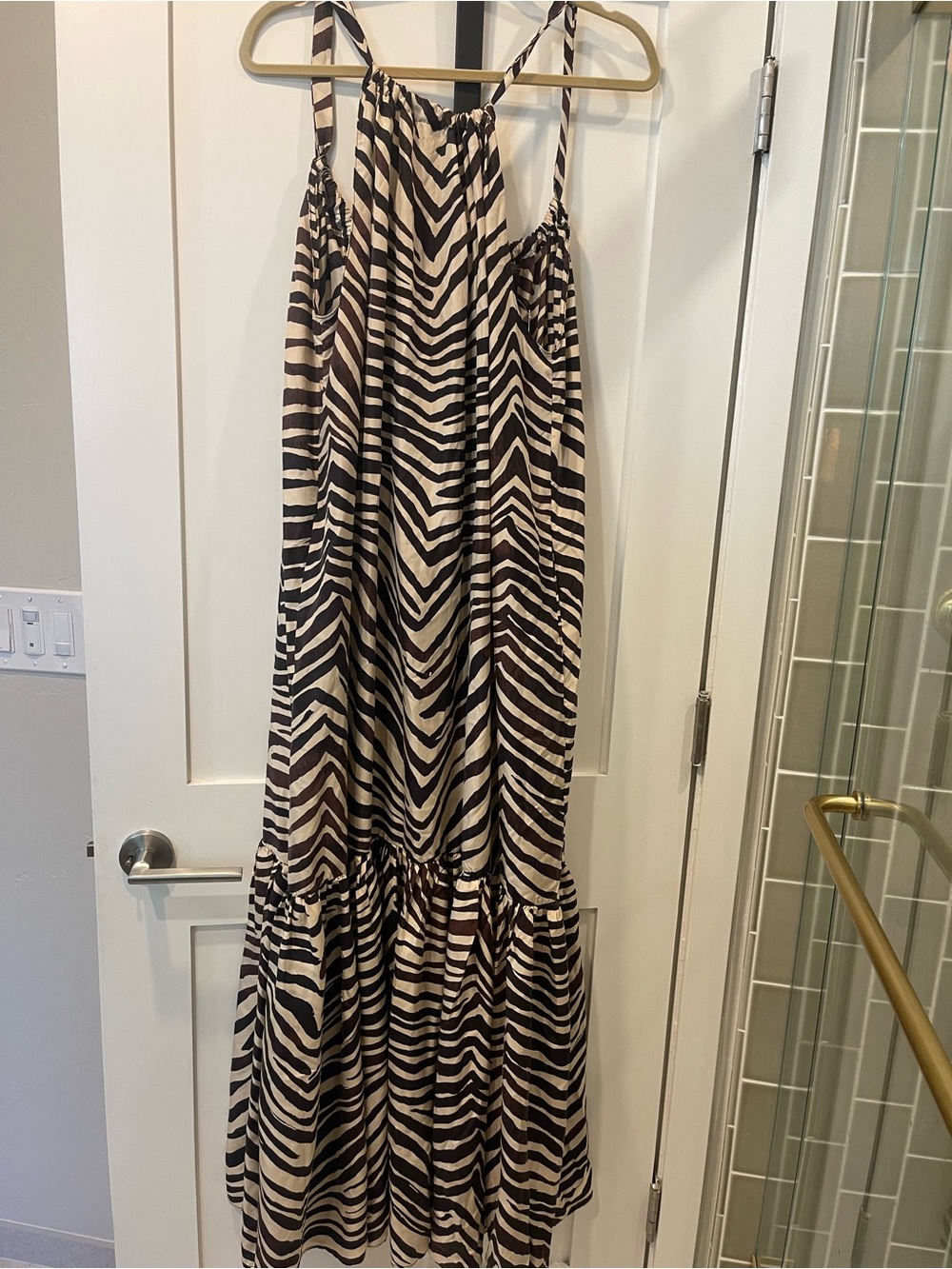 Banana Republic Zebra-Stripe Silk Halter Maxi Dress Ivory and Brown Sz XL $360